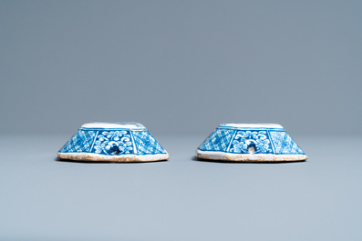 A pair of Dutch Delft blue and white 'harlequin' brush backs, 1st half 18th C.