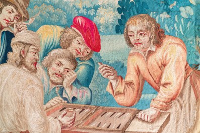 A wool and silk 'Backgammon' wall tapestry after David Teniers, Guillaume Werniers workshop, Lille, France, 17/18th C.