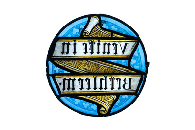 A stained glass roundel inscribed 'Venite in Bethleem', 17th C.