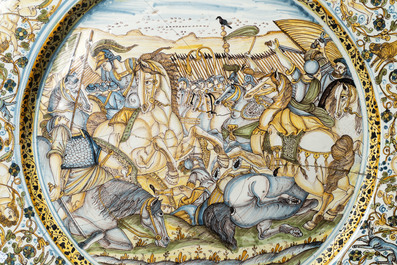 A large polychrome 'battle scene' dish, Francesco Grue workshop, Castelli, Italy, 1st half 17th C.