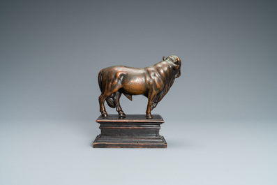 Attributed to Barth&eacute;l&eacute;my Prieur (France, circa 1536-1611): a bronze model of a bull with traces of red lacquer