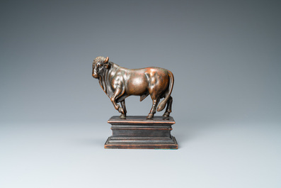 Attributed to Barth&eacute;l&eacute;my Prieur (France, circa 1536-1611): a bronze model of a bull with traces of red lacquer