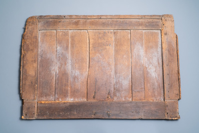 A carved oak front panel of a coffer with tracery panels and geometrical motives, Brittany, France, 17th C.