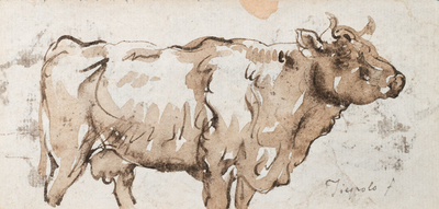 Ecole italienne, entourage de Giambattista Tiepolo, sanguine sur papier, fin du 18&egrave;me: &Eacute;tude de vache et de quatre t&ecirc;tes d&rsquo;homme aux turbans
