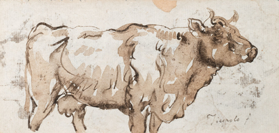 Italian school, circle of Giambattista Tiepolo, grey-brown wash on paper, late 18th C.: Study of a cow and of four turbaned men's heads