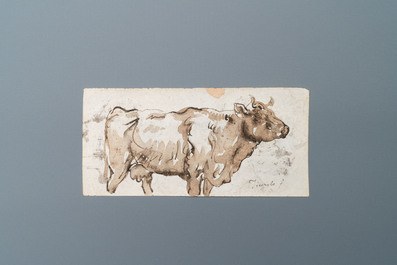 Italian school, circle of Giambattista Tiepolo, grey-brown wash on paper, late 18th C.: Study of a cow and of four turbaned men's heads
