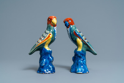 A pair of polychrome Dutch Delft models of parrots, 18th C.