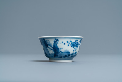 Two Japanese blue and white Arita plates and a cup and saucer, Edo, 17/18th C.