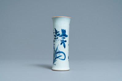 A Chinese blue and white sleeve vase with birds among blossoming branches, Transitional period