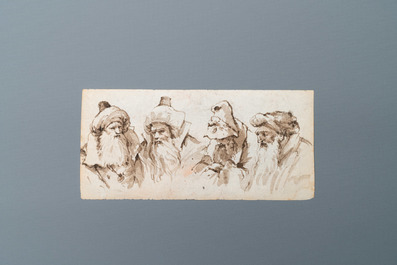 Italian school, circle of Giambattista Tiepolo, grey-brown wash on paper, late 18th C.: Study of a cow and of four turbaned men's heads