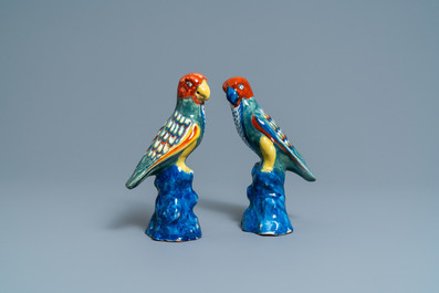 A pair of polychrome Dutch Delft models of parrots, 18th C.