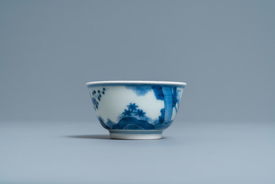 Two Japanese blue and white Arita plates and a cup and saucer, Edo, 17/18th C.