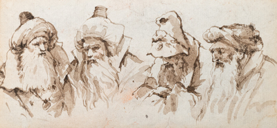 Italian school, circle of Giambattista Tiepolo, grey-brown wash on paper, late 18th C.: Study of a cow and of four turbaned men's heads