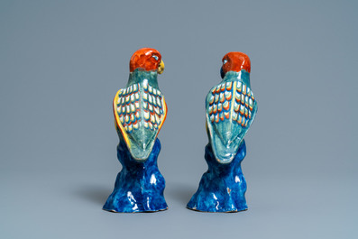 A pair of polychrome Dutch Delft models of parrots, 18th C.