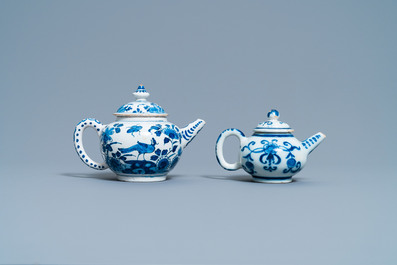 Two Dutch Delft blue and white teapots and covers, 18th C.