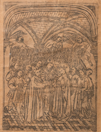 Een anonieme houtsnede met het huwelijk van Maria en Jozef, 15e eeuw