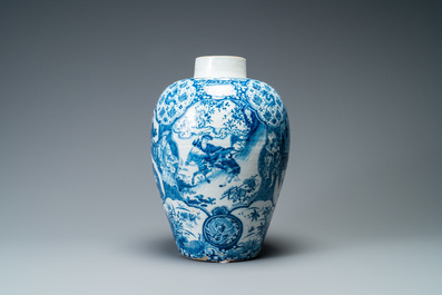 An exceptional and large Dutch Delft blue and white chinoiserie vase, 17/18th C.