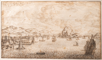 Ecole italienne, encre sur papier, 17&egrave;me: Vue sur la baie de Naples