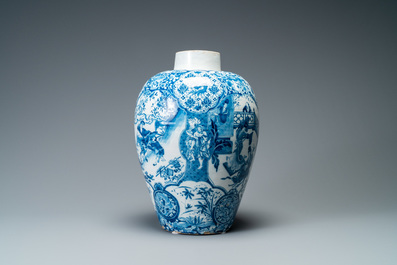 An exceptional and large Dutch Delft blue and white chinoiserie vase, 17/18th C.