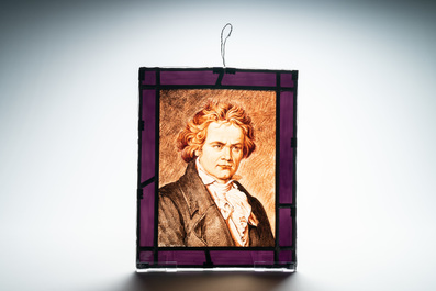 Alfred Labille and Pierre Bertrand (Lille, active 1902-1930): A painted glass panel with a portrait of Ludwig van Beethoven