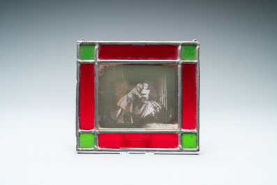 A pair of small painted glass windows depicting a galant scene and a bathing lady after Boucher, France, 19th C.