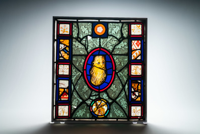 A composite stained and painted glass window mounted in lead alloy, England and/or France, 15th C. and later