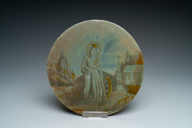 Gesign. Le Pluy, Lille: twee grisaille en zilvergeel beschilderde glazen medaillons met Sint-Catharina en Sint-Barbara, 19/20e eeuw
