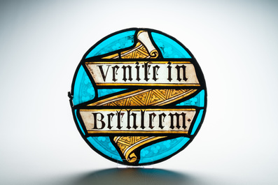 A stained glass roundel inscribed 'Venite in Bethleem', 17th C.