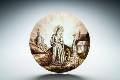 Signed Le Pluy, Lille: two grisaille and silver yellow painted glass roundels with Saint Catharine and Saint Barbara, 19/20th C.