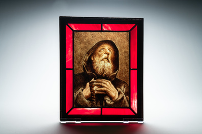 Two composite stained and painted glass windows with a monk and a female bust after Rapha&euml;l, 19th C.