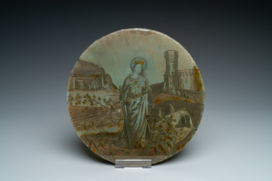 Signed Le Pluy, Lille: two grisaille and silver yellow painted glass roundels with Saint Catharine and Saint Barbara, 19/20th C.