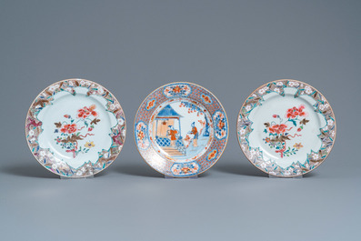 Six Chinese famille rose, verte and Imari-style plates, Kangxi/Qianlong