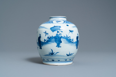 A Chinese blue and white jar with figures in a landscape, hare mark, Wanli