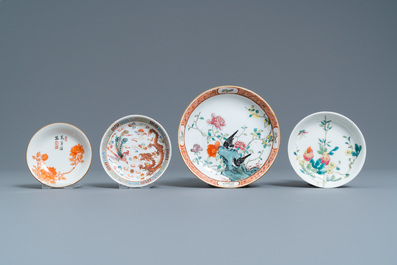 Four Chinese famille rose and iron-red plates, Guangxu and Qianlong marks, 19/20th C.