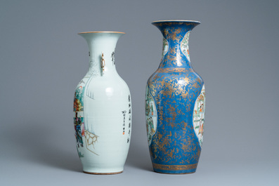 A Chinese famille verte powder blue-ground vase and a famille rose vase, 19th C.