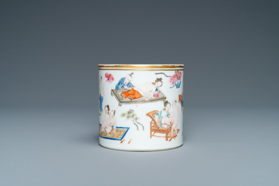 A Chinese famille rose 'erotical subject' brush pot, 1st half 19th C.