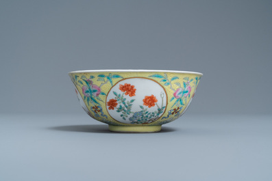 A Chinese famille rose yellow sgraffito-ground bowl, Daoguang mark and of the period