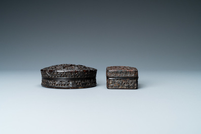 Two Chinese Canton tortoise veneer covered boxes, 19th C.