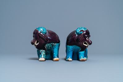 A pair of Chinese turquoise- and aubergine-glazed models of mythical animals, 19th C.