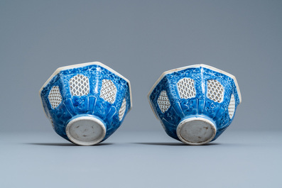 A pair of Chinese blue and white reticulated octagonal bowls, Kangxi