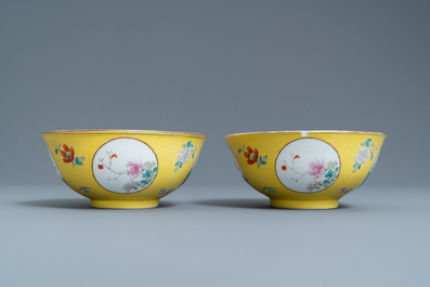 A pair of Chinese famille rose yellow sgraffito-ground bowls, Guangxu mark and of the period