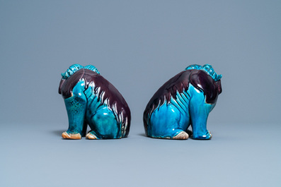 A pair of Chinese turquoise- and aubergine-glazed models of mythical animals, 19th C.