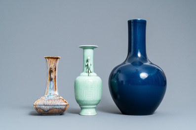 Two Chinese monochrome vases and one flamb&eacute;-glazed vase, 19/20th C.