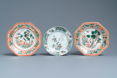 Two Chinese octagonal famille verte dishes and a 'poem' plate, Kangxi