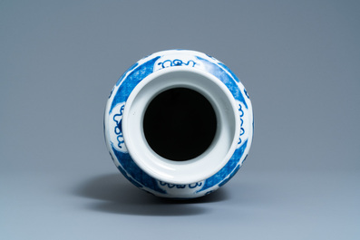 A Chinese blue and white rouleau vase, Kangxi mark, 19th C.