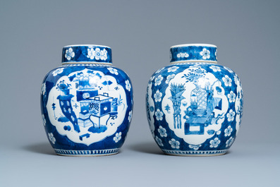 Four Chinese blue and white 'antiquities' jars and covers, 19th C.