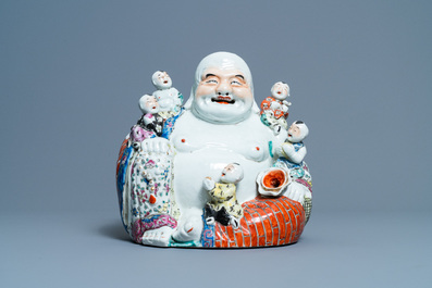 A Chinese famille rose figure of Buddha, seal mark, 19/20th C.