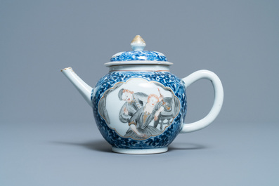 A Chinese blue, white and grisaille teapot and cover, 19th C.
