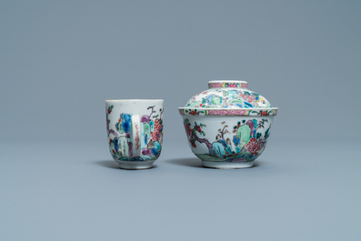 Un bol couvert, une tasse et deux soucoupes en porcelaine de Chine famille rose, Yongzheng