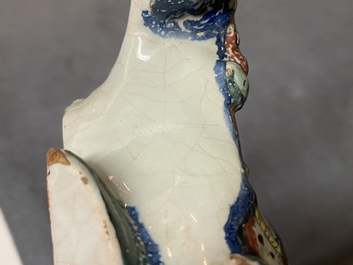An exceptional polychrome Dutch Delft pocket watch stand, dated 1772